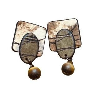 Vintage Handcrafted Earrings Tan Brown Abstract Wood Bead Dangle Pierced Tribal